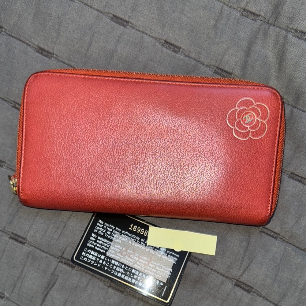 Chanel EUC Camellia Red Leather Zip-Around Wallet COA included &card